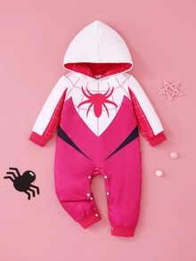 SHEIN Baby Girl Contrast Color Patchwork Spider Print Hooded Jumpsuit Autumn Fall - Pink - View 4