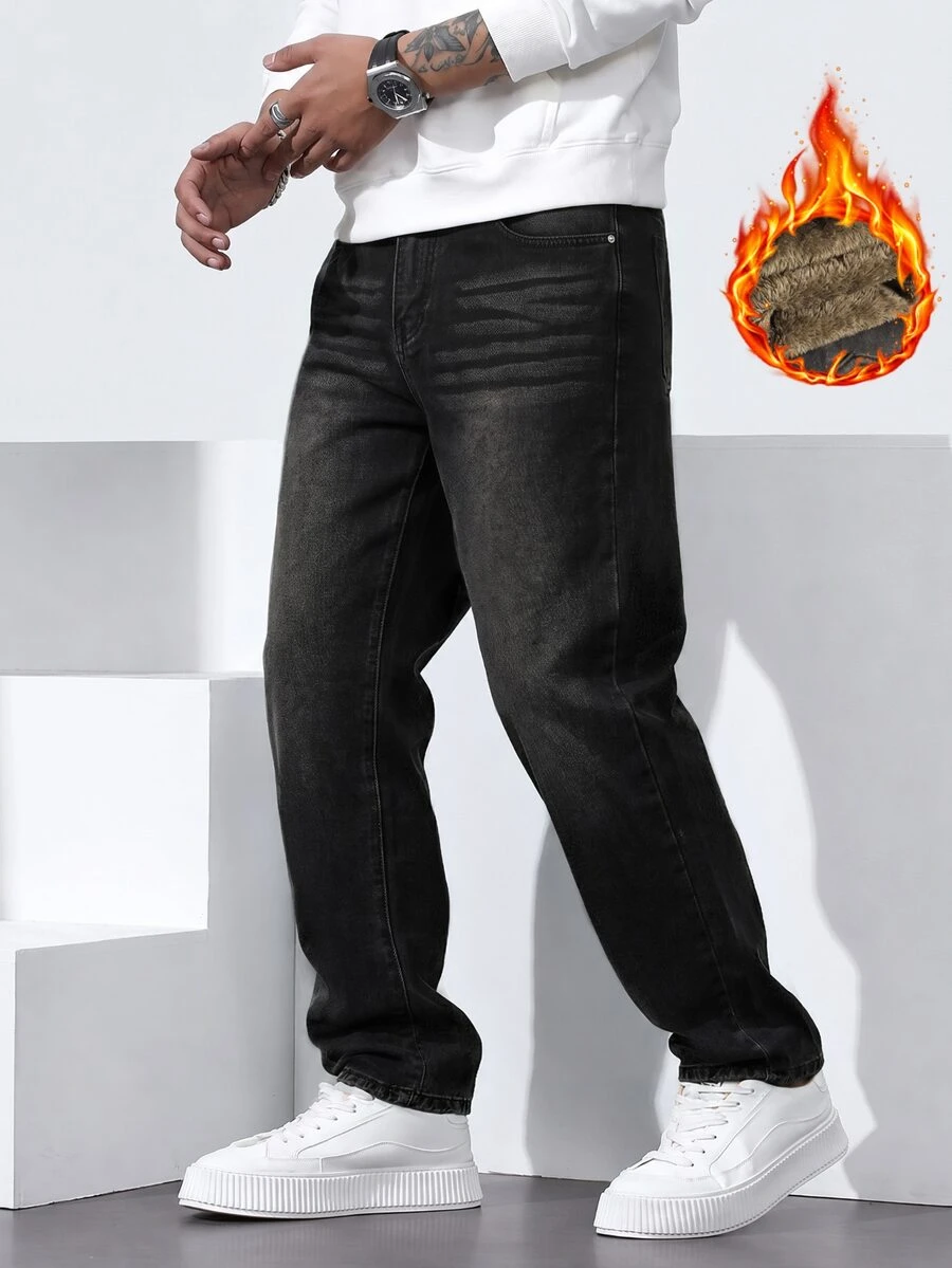 QuarKem Men's Autumn/Winter Thermal Lined Washed Black Denim Jeans - Black - View 1