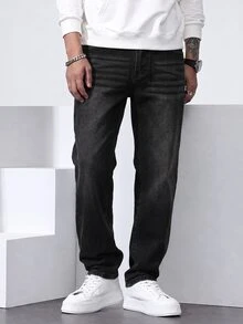 QuarKem Men's Autumn/Winter Thermal Lined Washed Black Denim Jeans - Black - View 5