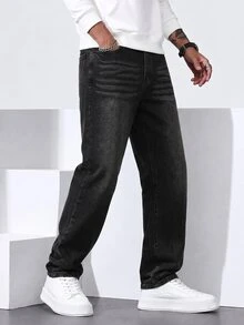 QuarKem Men's Autumn/Winter Thermal Lined Washed Black Denim Jeans - Black - View 4