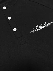 SLATEMANN Men's T-Shirt, Button Half-Placket Design, Handwritten English Print, Loose Fit, Raglan Sleeve T-Shirt, Men's Autumn/Winter Long Sleeve T-Shirt, T-Shirt Fabric, Casual Comfortable Versatile, Suitable For Outings, Commuting, Street Style, Commuting, Travel, Vacation, Daily Wear, Etc. - Black - View 6