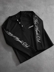 SLATEMANN Men's T-Shirt, Button Half-Placket Design, Handwritten English Print, Loose Fit, Raglan Sleeve T-Shirt, Men's Autumn/Winter Long Sleeve T-Shirt, T-Shirt Fabric, Casual Comfortable Versatile, Suitable For Outings, Commuting, Street Style, Commuting, Travel, Vacation, Daily Wear, Etc. - Black - View 1