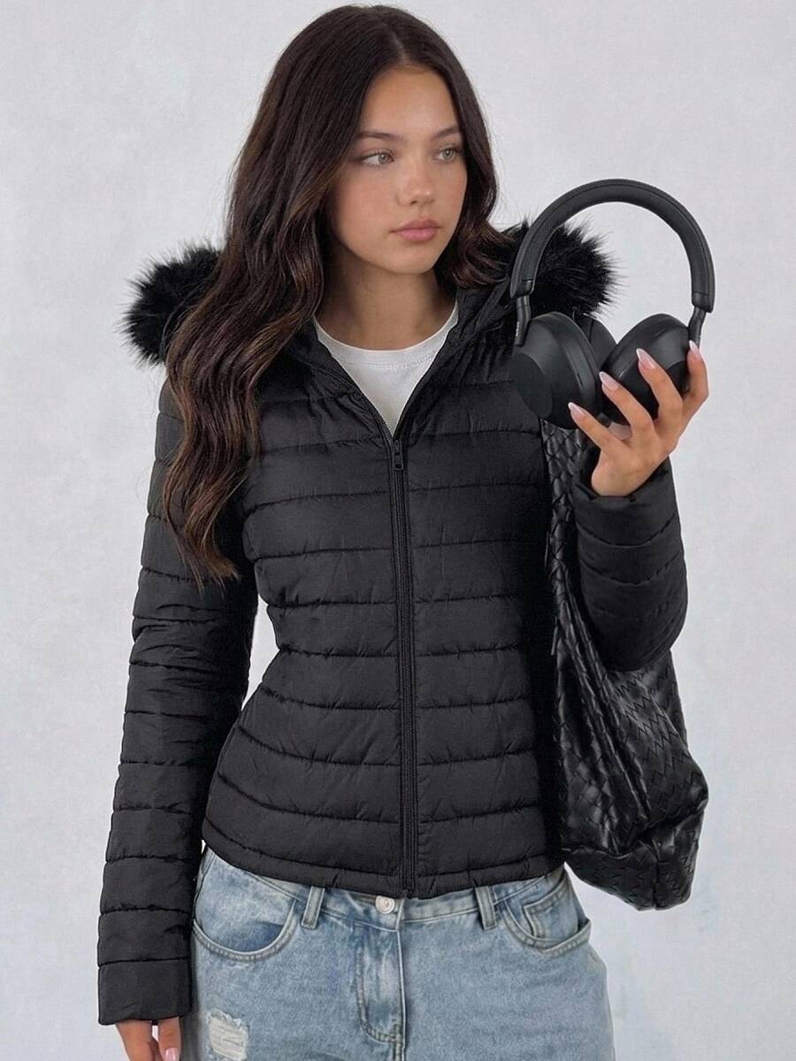 SHEIN 青少年女孩冬季外套 黑色基礎布料短款絎縫加厚連帽夾克 工裝大口袋寬鬆款 - 黑色 - 查看 1