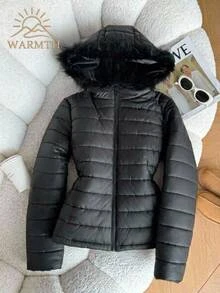 SHEIN 青少年女孩冬季外套 黑色基礎布料短款絎縫加厚連帽夾克 工裝大口袋寬鬆款 - 黑色 - 查看 3