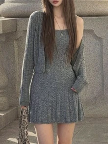 DAZY Women's Solid Color Long Sleeve Knit Cardigan And Sleeveless Knit Dress Set - Grey - View 5
