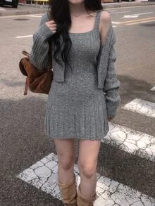 DAZY Women's Solid Color Long Sleeve Knit Cardigan And Sleeveless Knit Dress Set - Grey - View 3