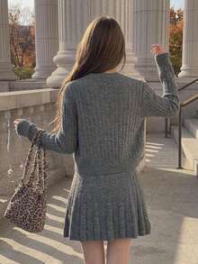 DAZY Women's Solid Color Long Sleeve Knit Cardigan And Sleeveless Knit Dress Set - Grey - View 4