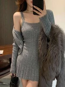 DAZY Women's Solid Color Long Sleeve Knit Cardigan And Sleeveless Knit Dress Set - Grey - View 2
