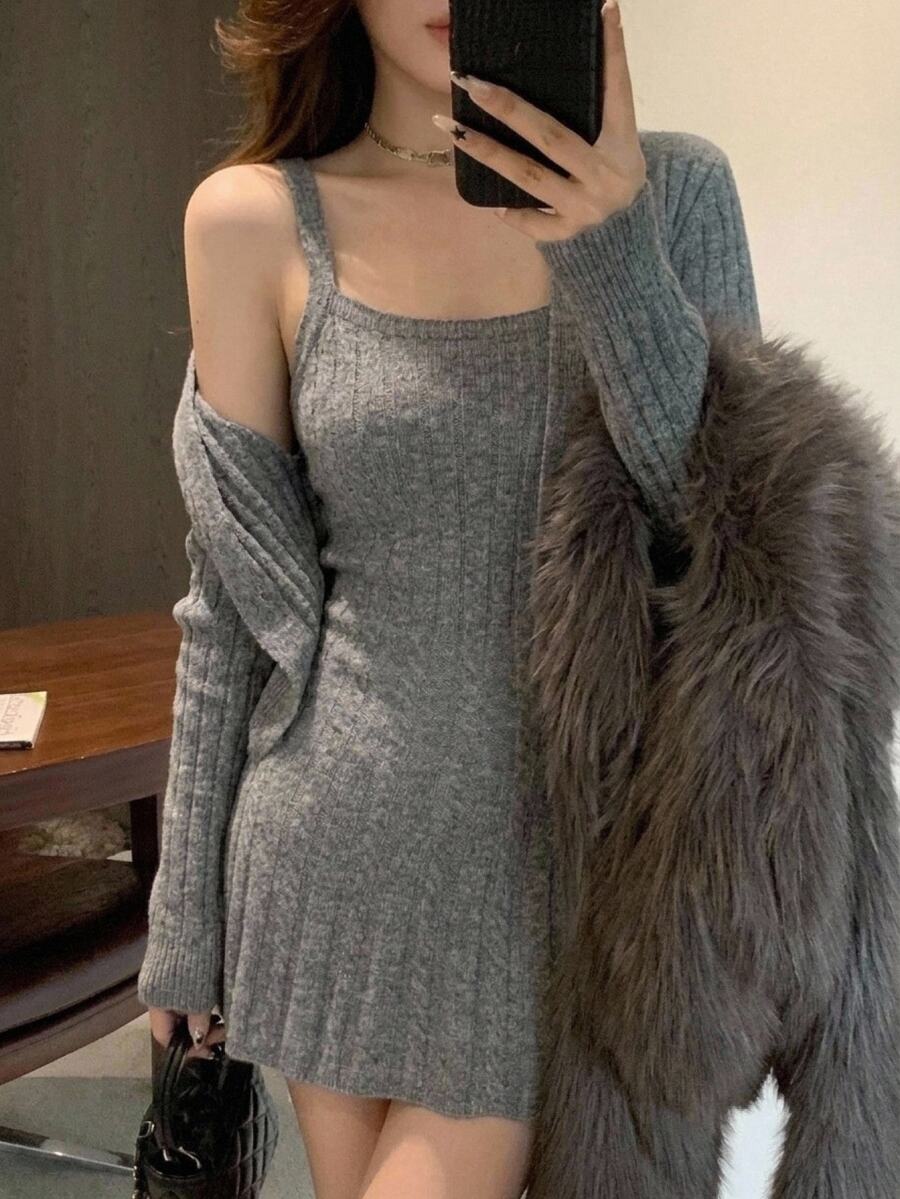 DAZY Women's Solid Color Long Sleeve Knit Cardigan And Sleeveless Knit Dress Set - Grey - View 1