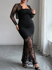 Elenzga Plus Size Women Autumn/Winter Lace Patchwork Lace Cardigan Tube Dress Elegant Exquisite Dress Set Fall - Black - View 6