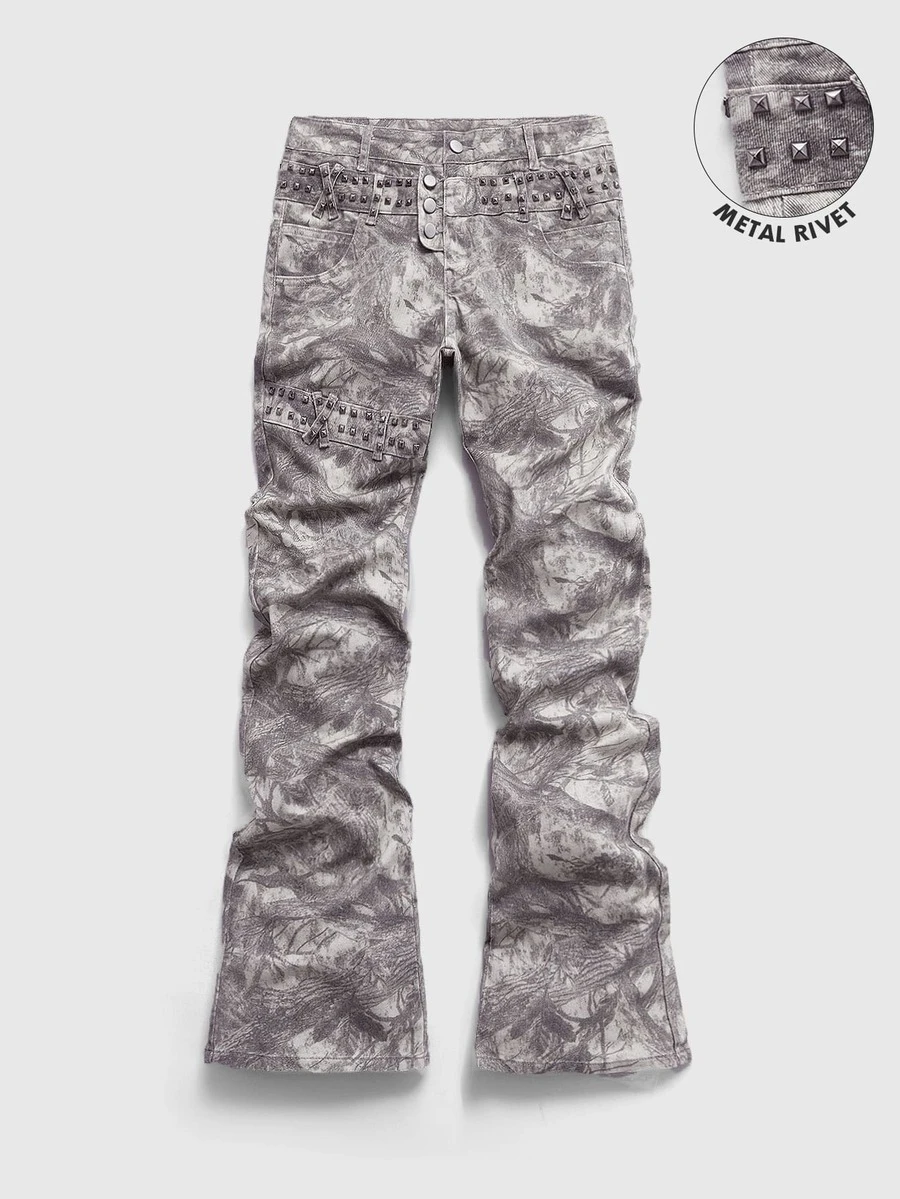 ROMWE MEN Street Life Men's Rivet Camouflage Layered Flare Jeans - Multicolor - View 1