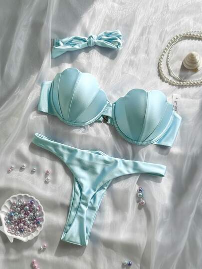 SHEIN Swim Đồ bơi hai mảnh gợi cảm màu trơn, họa tiết cánh hoa, cúp ngực cứng, dây đeo có thể tháo rời.