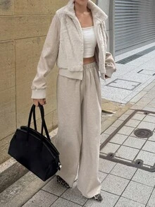 FRIFUL Women's Plush Comfortable Long Sleeve Zip-Up Jacket And Loose Pants 2 Pieces Set - Khaki - View 4