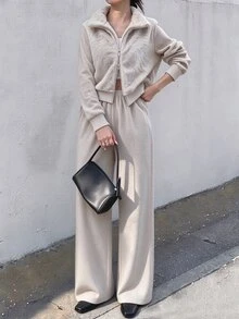 FRIFUL Women's Plush Comfortable Long Sleeve Zip-Up Jacket And Loose Pants 2 Pieces Set - Khaki - View 9
