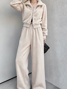 FRIFUL Women's Plush Comfortable Long Sleeve Zip-Up Jacket And Loose Pants 2 Pieces Set - Khaki - View 6