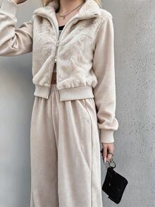 FRIFUL Women's Plush Comfortable Long Sleeve Zip-Up Jacket And Loose Pants 2 Pieces Set - Khaki - View 7
