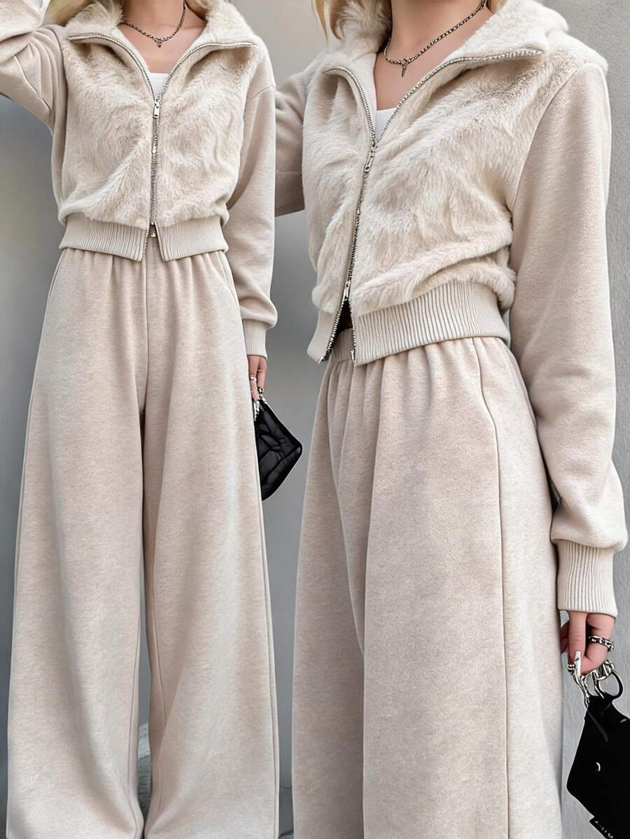FRIFUL Women's Plush Comfortable Long Sleeve Zip-Up Jacket And Loose Pants 2 Pieces Set - Khaki - View 1