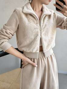 FRIFUL Women's Plush Comfortable Long Sleeve Zip-Up Jacket And Loose Pants 2 Pieces Set - Khaki - View 10
