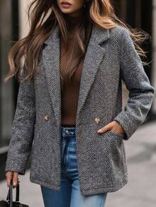 EMERY ROSE Women's Houndstooth Lapel Long Sleeve 2-Button Pocket Jacket Women Fall Winter Jacket 90S - Black - View 4