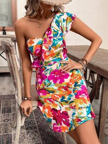 Breezaya Women Elegant Floral Printed Ruffle Hem Dress For Vacation Vacation Beach Outfit - Hot Pink - View 7