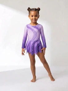 SHEIN Young Girl Rhinestone Patchwork Color Block Long Sleeve Leotard Gymnastics Woven Lightweight Breathable Classic Easy-Care Jumpsuit GirlsSchool - Mauve Purple - View 3