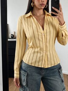 POPSWAY Plus Striped Print Button Front Shirt Fall - Yellow - View 8