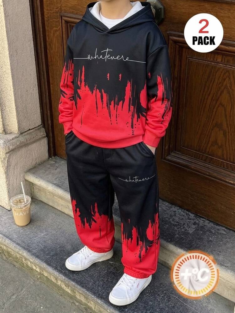 SHEIN 2pcs Kids Tween Boy Casual Sports Streetwear Gradient Pattern Pullover Sweatshirt Pullover Sweatshirt & Long Pants Set, Suitable For Commuting, School, Daily Casual Outings, Sports, Autumn/Winter - Red - View 5