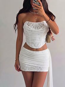 Soleia Women's Solid Color Bandeau Top And Mini Skirt Fashion Set - White - View 6