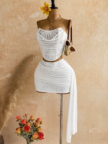 Soleia Women's Solid Color Bandeau Top And Mini Skirt Fashion Set - White - View 3