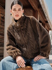 European Women's Autumn/Winter Short Fur Coat, Faux Mink Fur, Dual-Color, Plush - Coffee Brown - View 8