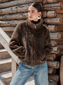European Women's Autumn/Winter Short Fur Coat, Faux Mink Fur, Dual-Color, Plush - Coffee Brown - View 7