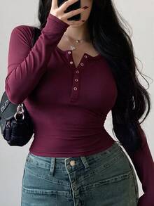 DAZY Solid Color Button Front Slim Fit Long Sleeve Women's T-Shirt,Fall Women Clothes Going Out Tops Women - Burgundy - View 4