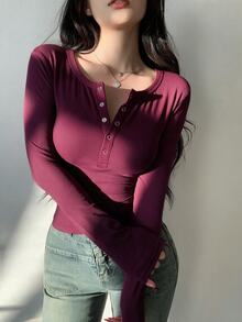 DAZY Solid Color Button Front Slim Fit Long Sleeve Women's T-Shirt,Fall Women Clothes Going Out Tops Women - Burgundy - View 5