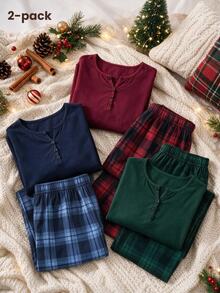 Teen Girl Button Half-Placket Long Sleeve Top And Plaid Pants Loungewear Set - Navy Blue - View 1
