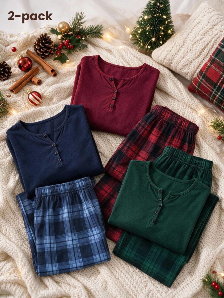Teen Girl Button Half-Placket Long Sleeve Top And Plaid Pants Loungewear Set - Navy Blue - View 1