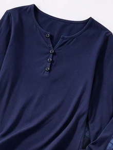 Teen Girl Button Half-Placket Long Sleeve Top And Plaid Pants Loungewear Set - Navy Blue - View 8