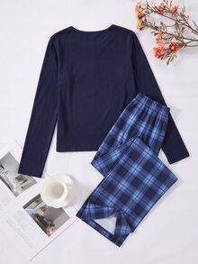 Teen Girl Button Half-Placket Long Sleeve Top And Plaid Pants Loungewear Set - Navy Blue - View 3