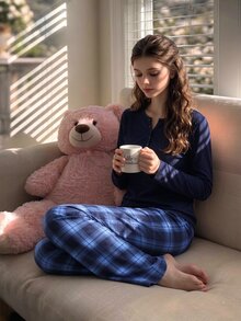 Teen Girl Button Half-Placket Long Sleeve Top And Plaid Pants Loungewear Set - Navy Blue - View 4