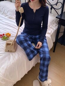 Teen Girl Button Half-Placket Long Sleeve Top And Plaid Pants Loungewear Set - Navy Blue - View 2