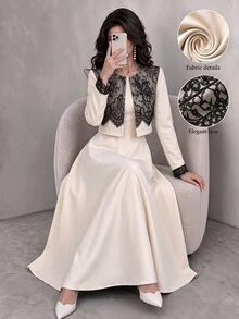 Modelyn Elegant French Lace Patchwork Short Jacket Sleeveless Dress Set Dinner Party Date Night Beige Fall - Black and Apricot - View 8