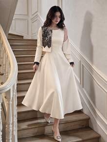 Modelyn Elegant French Lace Patchwork Short Jacket Sleeveless Dress Set Dinner Party Date Night Beige Fall - Black and Apricot - View 3