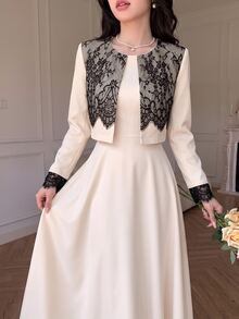 Modelyn Elegant French Lace Patchwork Short Jacket Sleeveless Dress Set Dinner Party Date Night Beige Fall - Black and Apricot - View 6