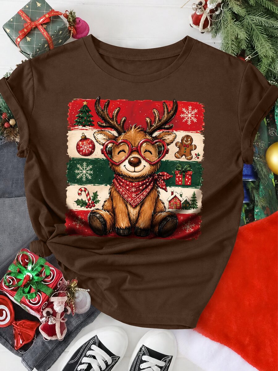 EMERY ROSE Pumpkin Spice Summer Printed Casual Fairy Cargo Plus Size T-Shirt Christmas Office Party Birthday Vacation Brown - Coffee Brown - View 1