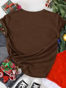 EMERY ROSE Pumpkin Spice Summer Printed Casual Fairy Cargo Plus Size T-Shirt Christmas Office Party Birthday Vacation Brown - Coffee Brown - View 2