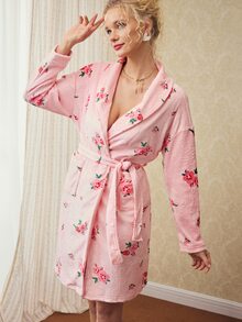 Elorette Women's Plush Floral Print Long Sleeve Robe - Pink - View 4