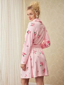 Elorette Women's Plush Floral Print Long Sleeve Robe - Pink - View 2