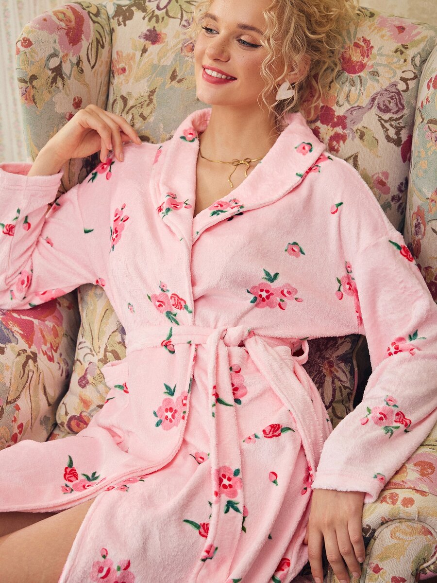 Elorette Women's Plush Floral Print Long Sleeve Robe - Pink - View 1