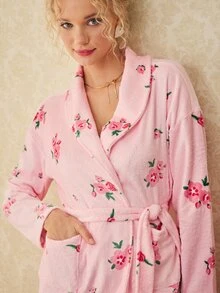Elorette Women's Plush Floral Print Long Sleeve Robe - Pink - View 6