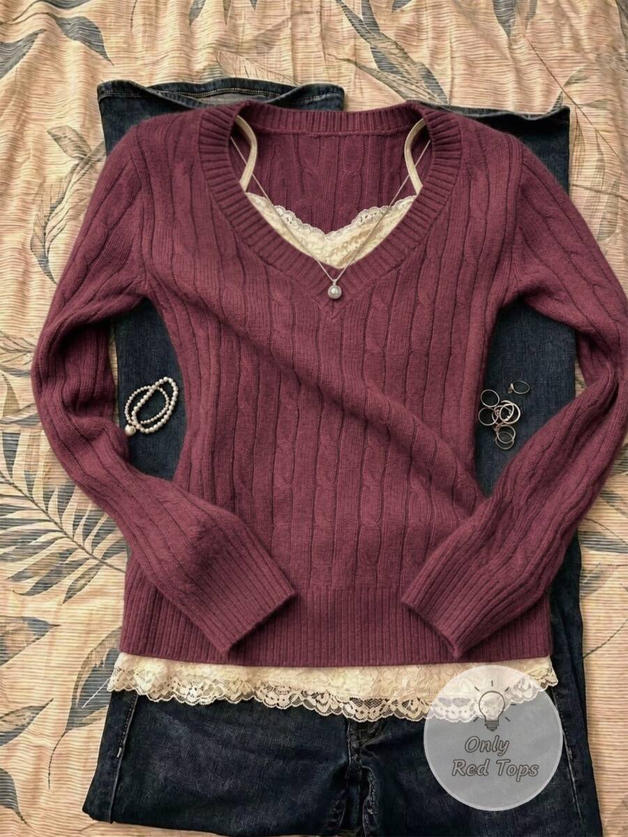 IslaSuriya Brick Red Vintage Sweet & Spicy V-Neck Fitted Knit Sweater, Suitable For Daily Wear, School And Street Style - Rose Red - View 1