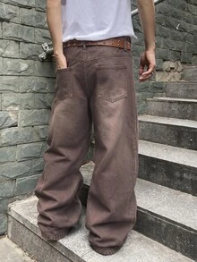 QuarKem 韓系大學風男士休閒時尚百搭牛仔褲，重磅耐穿、做舊鹽洗、貓鬚猴洗效果 - 咖啡棕 - 查看 2